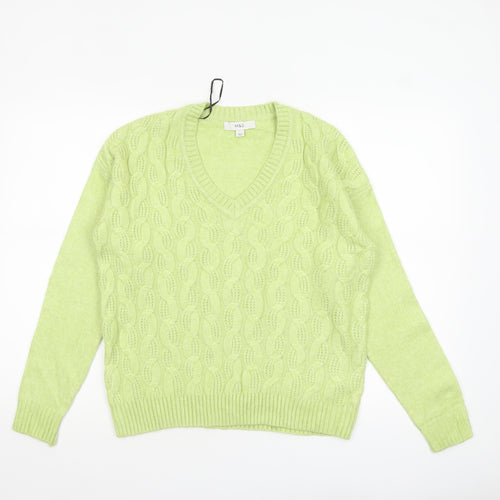 Marks and Spencer Womens Green V-Neck Cable Knit Jumper Size S