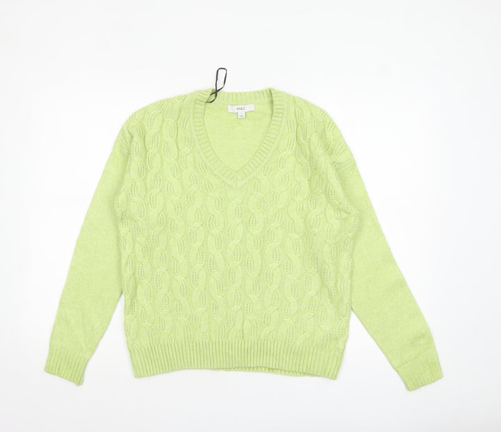 Marks and Spencer Womens Green V-Neck Cable Knit Jumper Size S