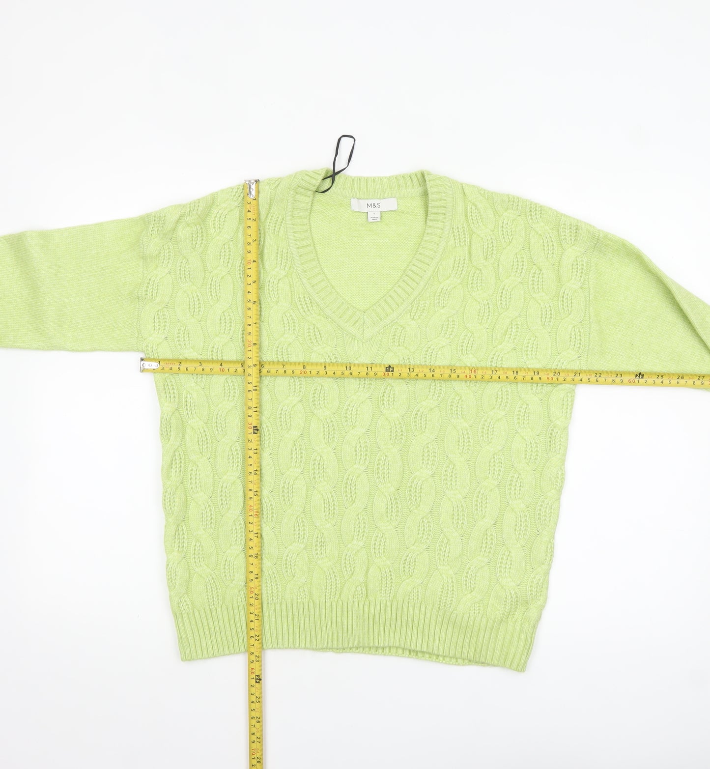 Marks and Spencer Womens Green V-Neck Cable Knit Jumper Size S