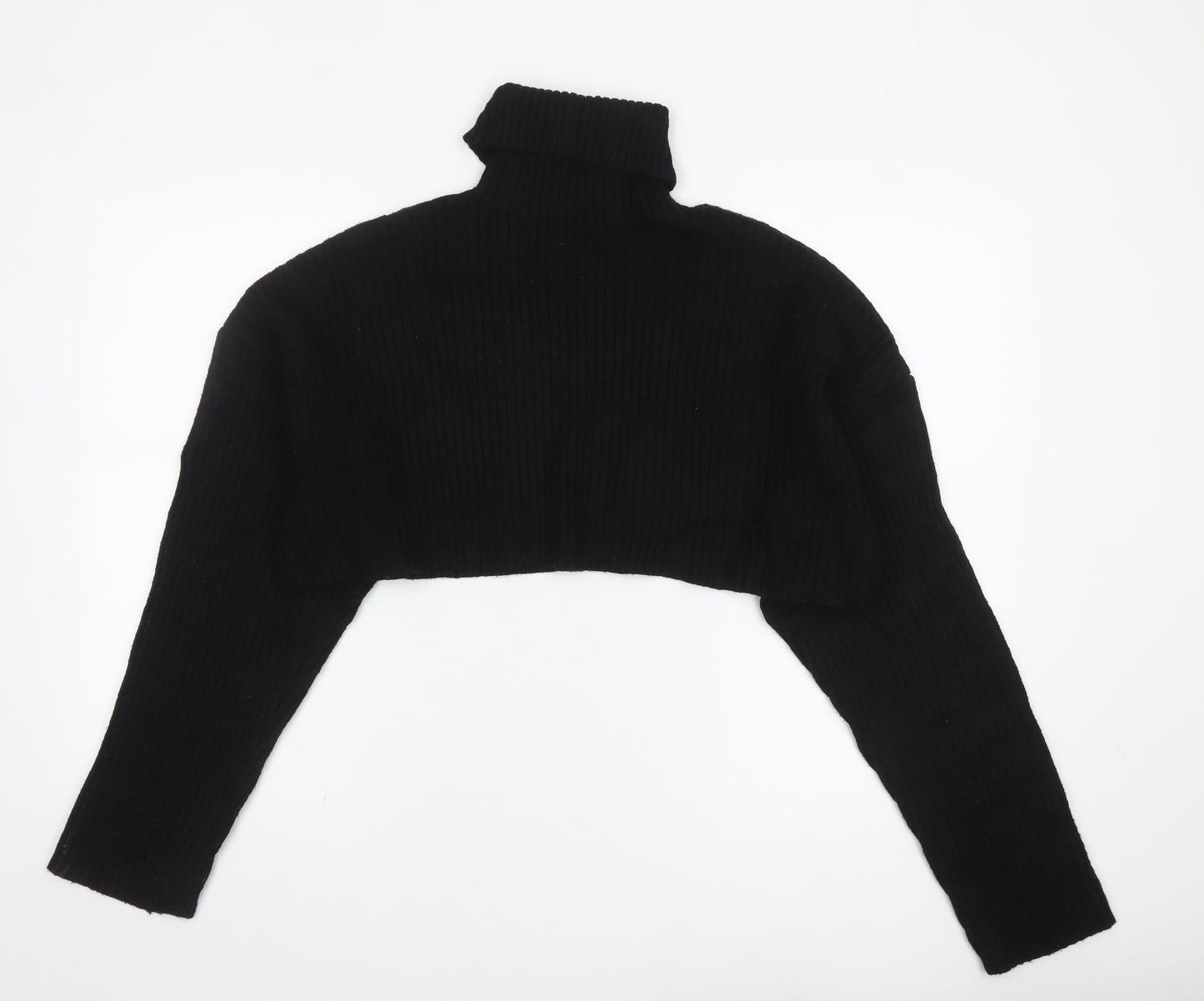 Zara Women Black Roll Neck Cropped Ribbed Knit Jumper Size S