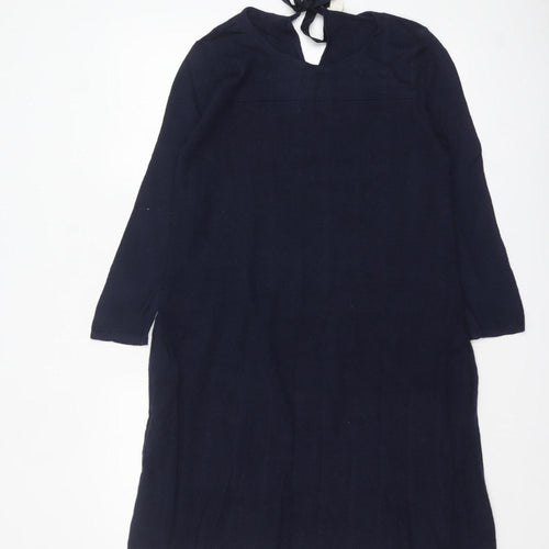 Monsoon Women's Blue Knit Shift Dress Size 12 Long Sleeve Tie Neck