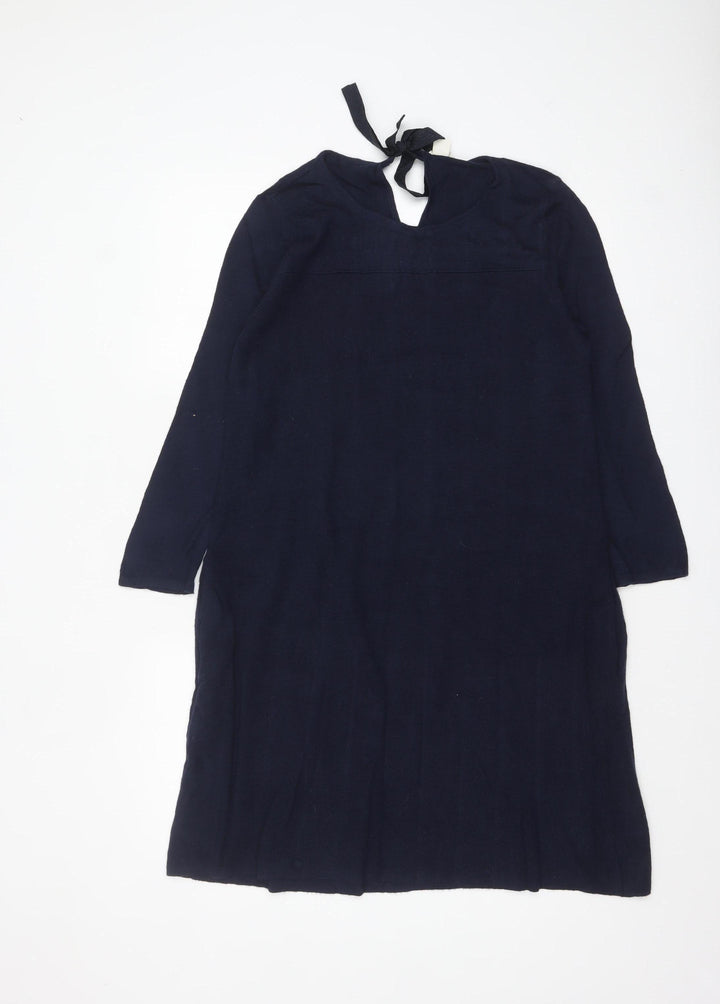 Monsoon Women's Blue Knit Shift Dress Size 12 Long Sleeve Tie Neck