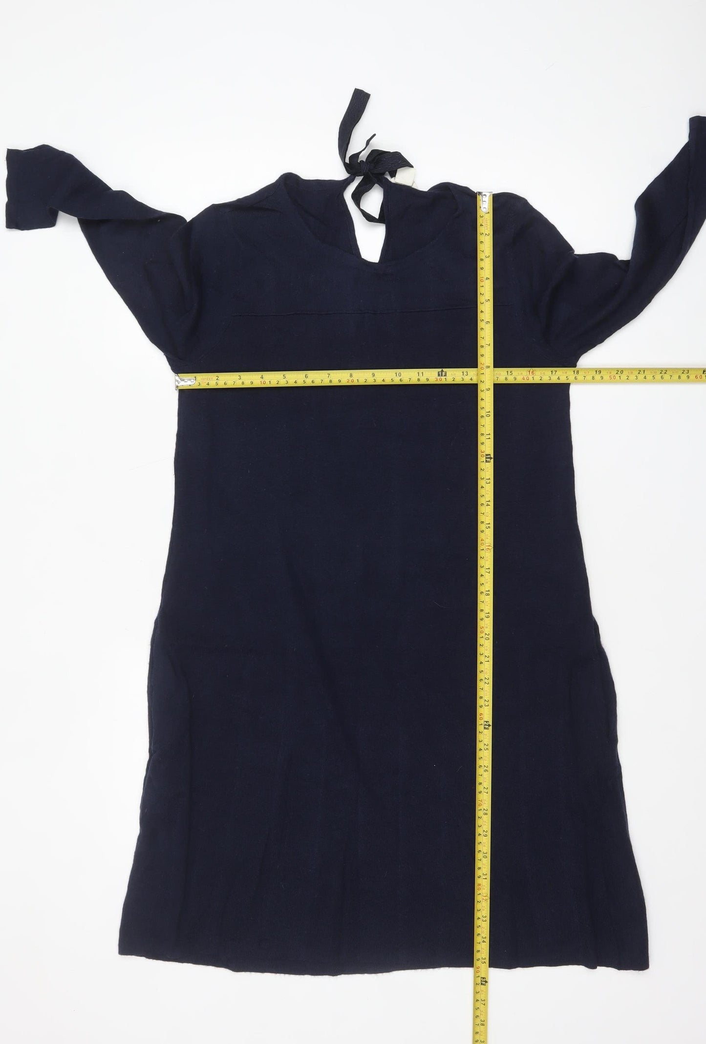 Monsoon Women's Blue Knit Shift Dress Size 12 Long Sleeve Tie Neck