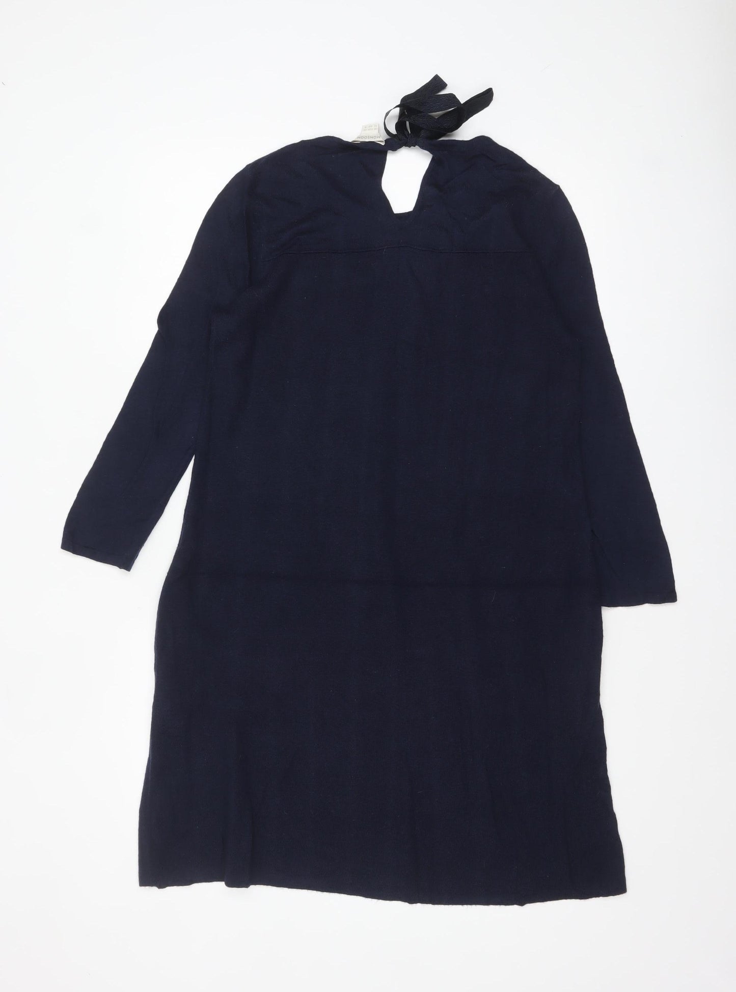 Monsoon Women's Blue Knit Shift Dress Size 12 Long Sleeve Tie Neck