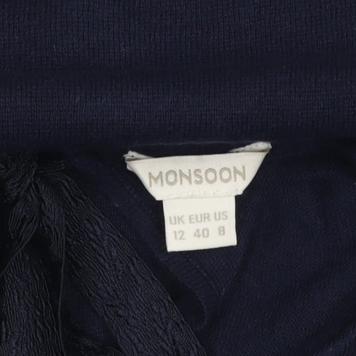 Monsoon Women's Blue Knit Shift Dress Size 12 Long Sleeve Tie Neck
