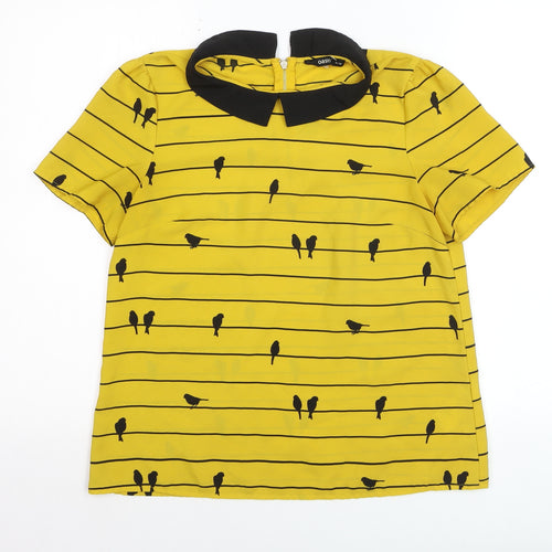 Oasis Women Yellow Collared Bird Print Short Sleeve Blouse Size 12