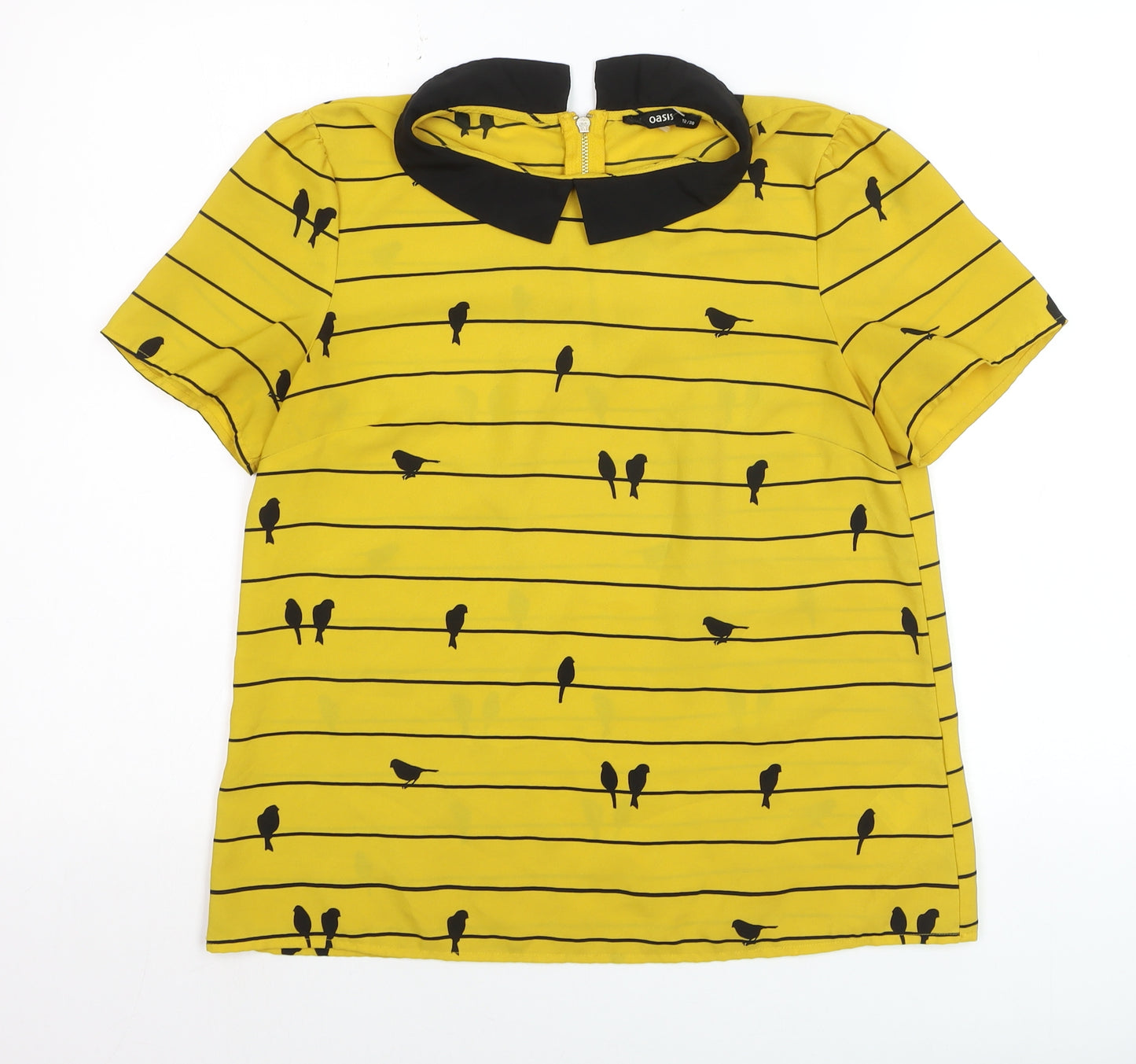 Oasis Women Yellow Collared Bird Print Short Sleeve Blouse Size 12