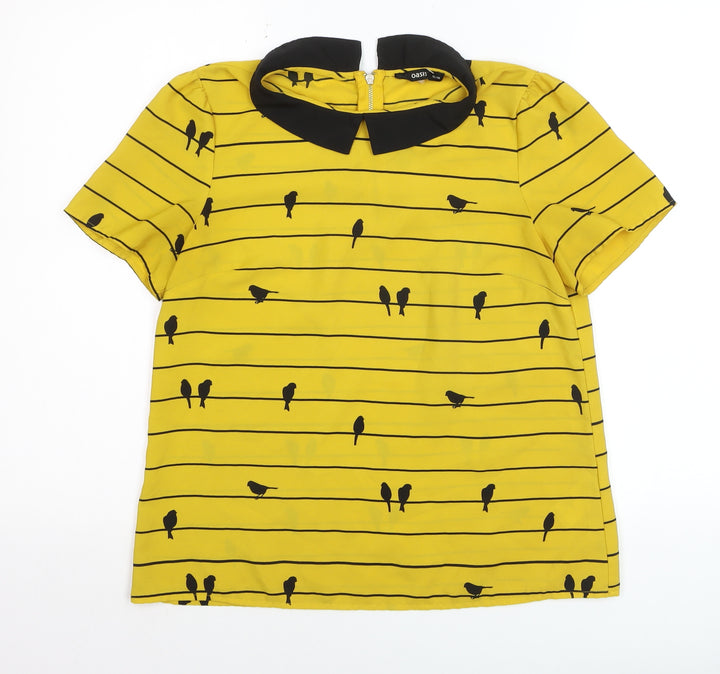 Oasis Women Yellow Collared Bird Print Short Sleeve Blouse Size 12