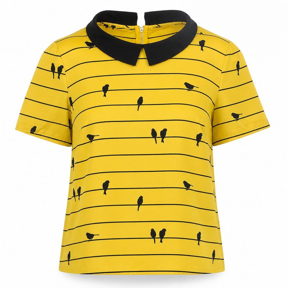 Front view of Oasis Women Yellow Collared Bird Print Short Sleeve Blouse, size 12
