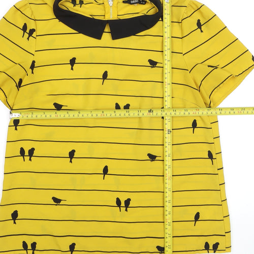 Oasis Women Yellow Collared Bird Print Short Sleeve Blouse Size 12