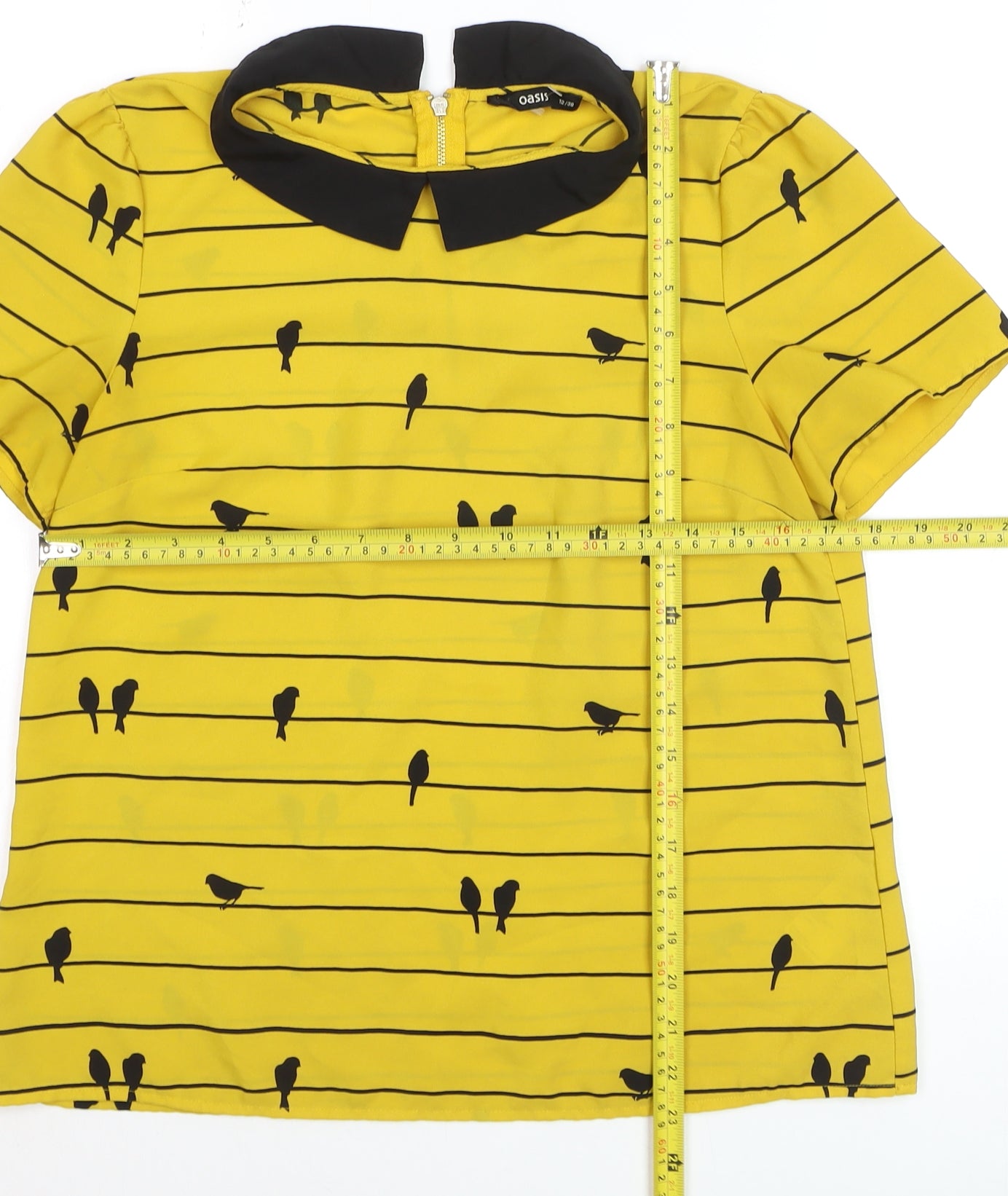 Oasis Women Yellow Collared Bird Print Short Sleeve Blouse Size 12