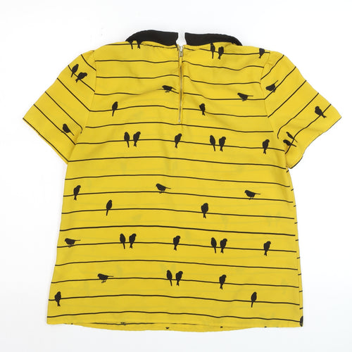 Oasis Women Yellow Collared Bird Print Short Sleeve Blouse Size 12