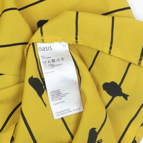 Oasis Women Yellow Collared Bird Print Short Sleeve Blouse Size 12