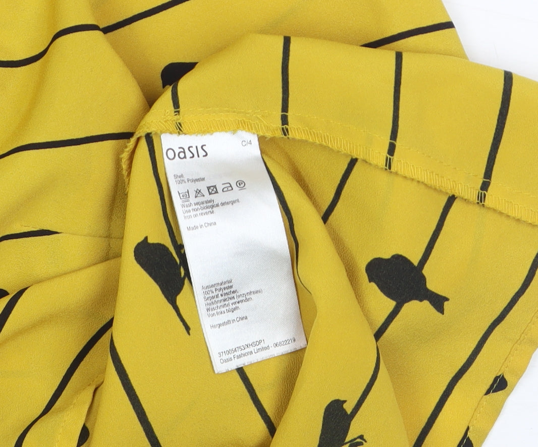 Oasis Women Yellow Collared Bird Print Short Sleeve Blouse Size 12