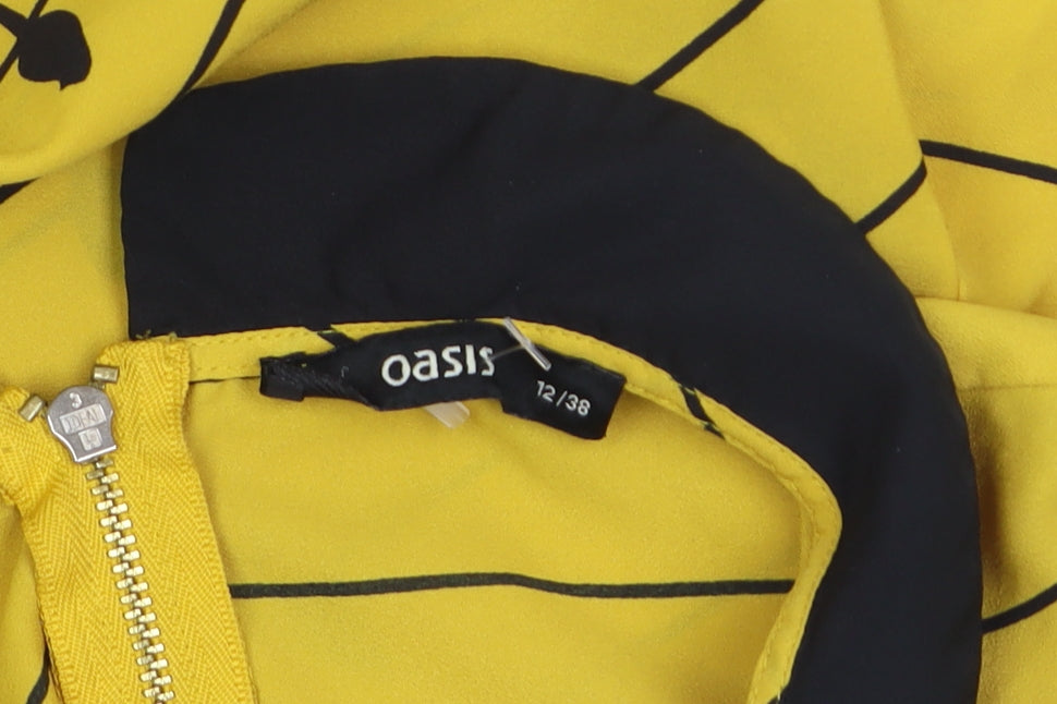 Oasis Women Yellow Collared Bird Print Short Sleeve Blouse Size 12