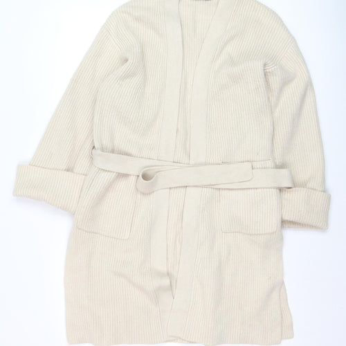 ZARA Women Beige Belted Rib Knit Long Sleeve Cardigan S