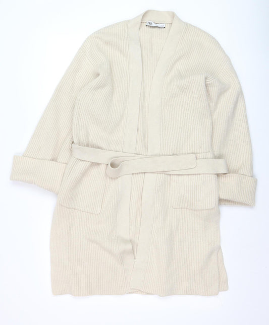 ZARA Women Beige Belted Rib Knit Long Sleeve Cardigan S