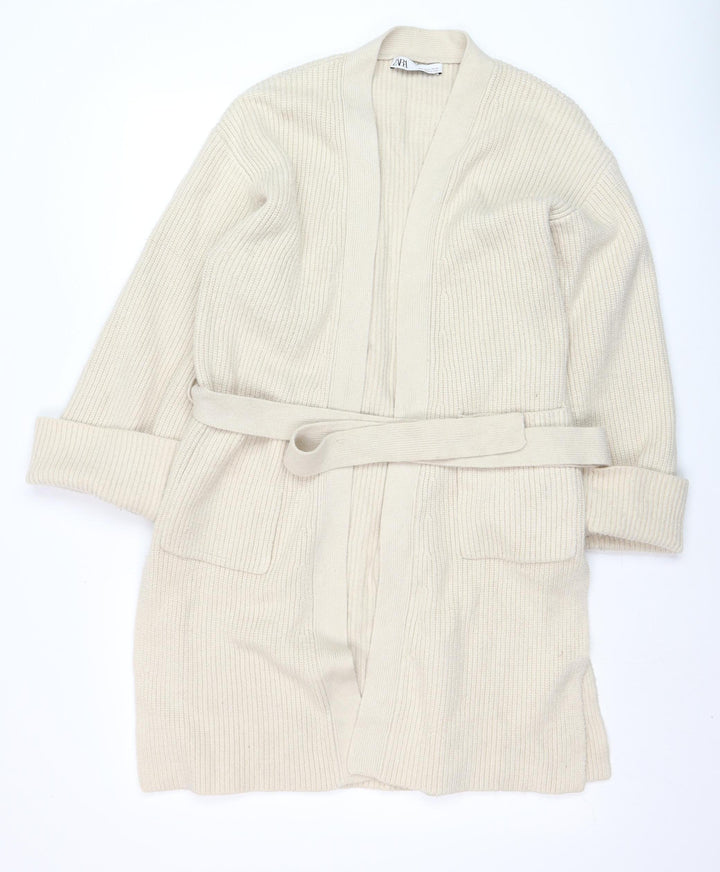 ZARA Women Beige Belted Rib Knit Long Sleeve Cardigan S