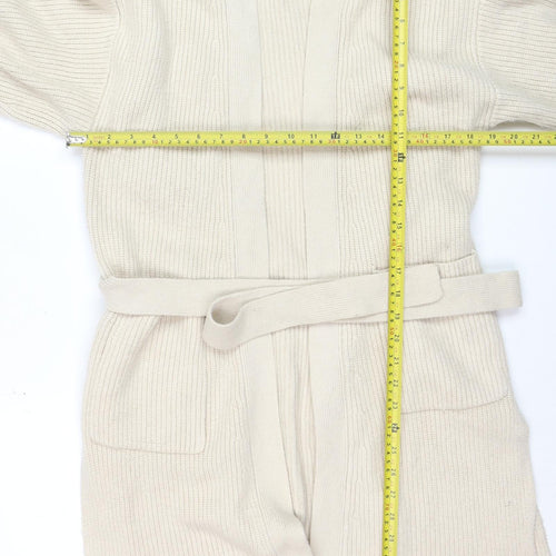 ZARA Women Beige Belted Rib Knit Long Sleeve Cardigan S