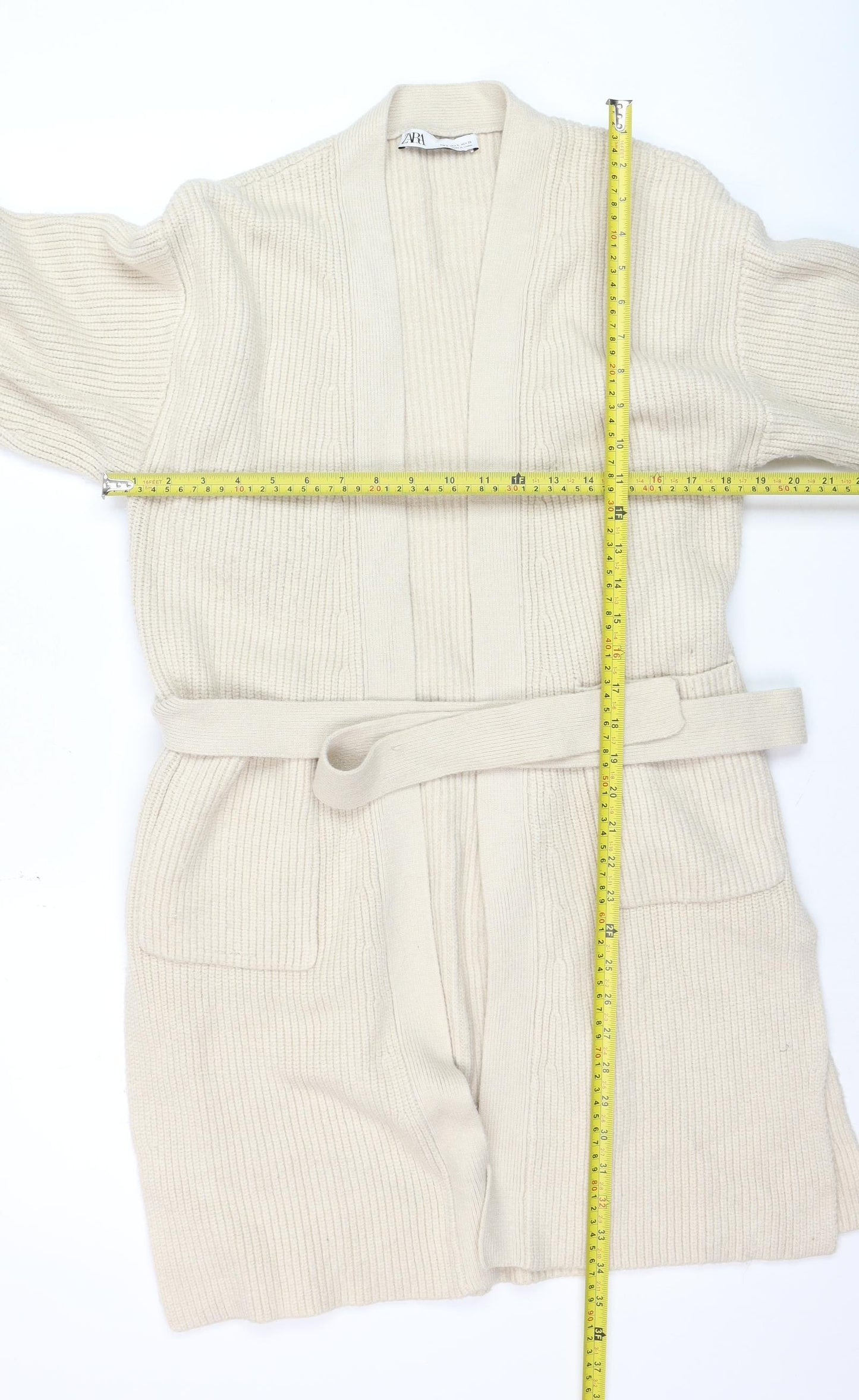 ZARA Women Beige Belted Rib Knit Long Sleeve Cardigan S