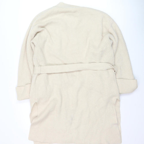 ZARA Women Beige Belted Rib Knit Long Sleeve Cardigan S