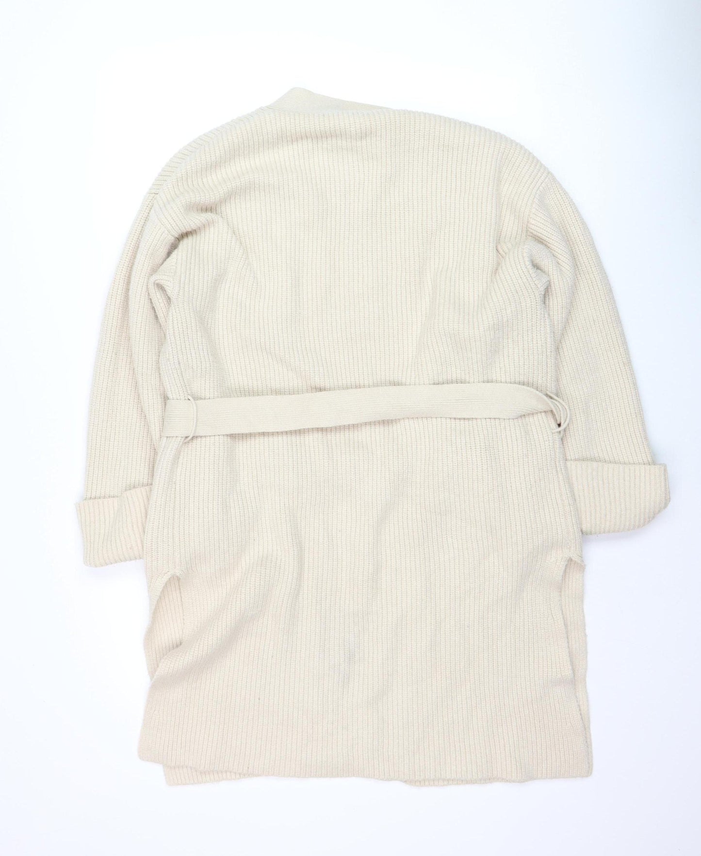 ZARA Women Beige Belted Rib Knit Long Sleeve Cardigan S