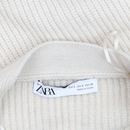 ZARA Women Beige Belted Rib Knit Long Sleeve Cardigan S