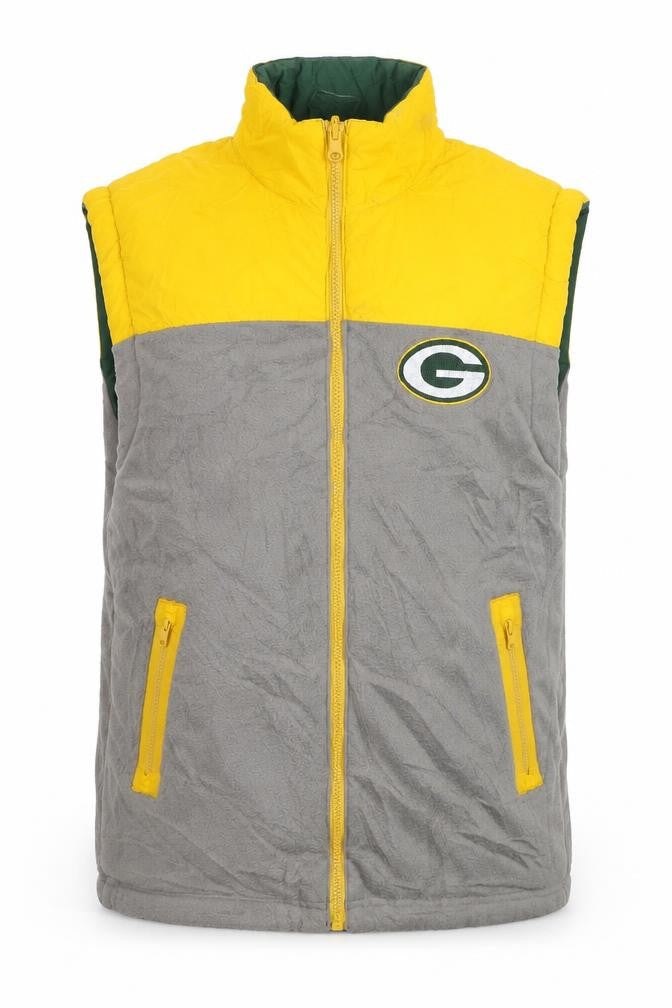 Front view of Reebok men’s yellow grey reversible packers bodywarmer m polyester