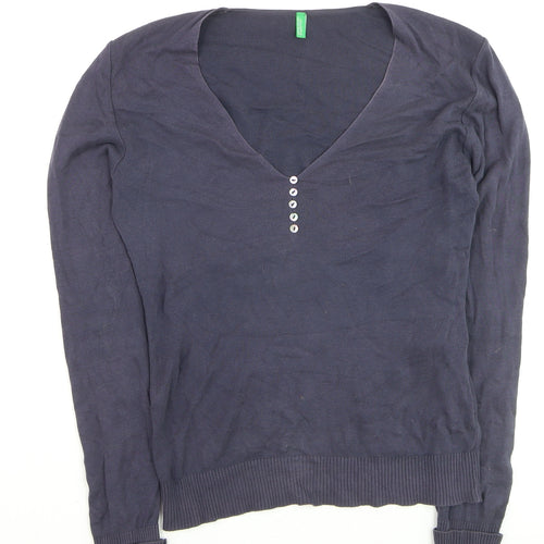 Benetton Women's Blue Cotton V-Neck Henley Jumper Size 12
