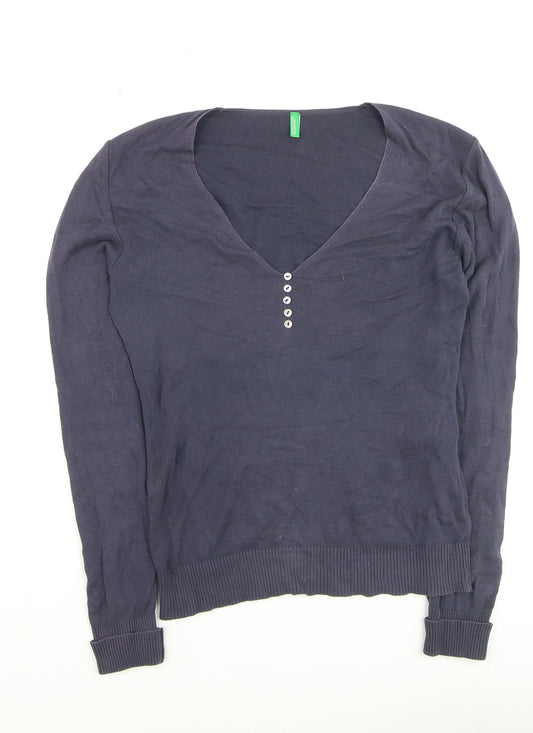 Benetton Women's Blue Cotton V-Neck Henley Jumper Size 12