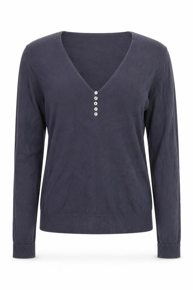 Benetton Women's Blue Cotton V-Neck Henley Jumper Size 12