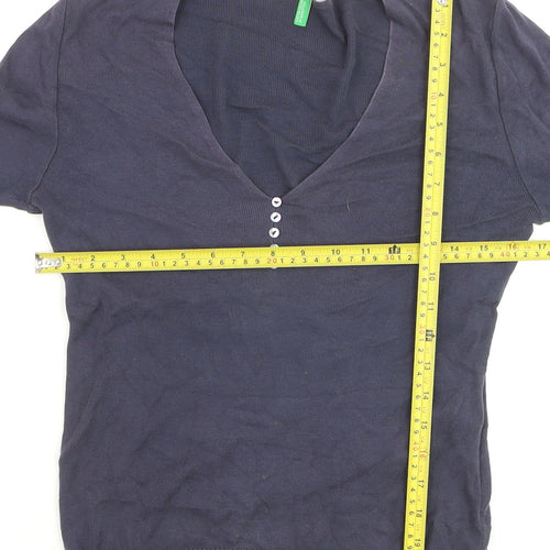Benetton Women's Blue Cotton V-Neck Henley Jumper Size 12