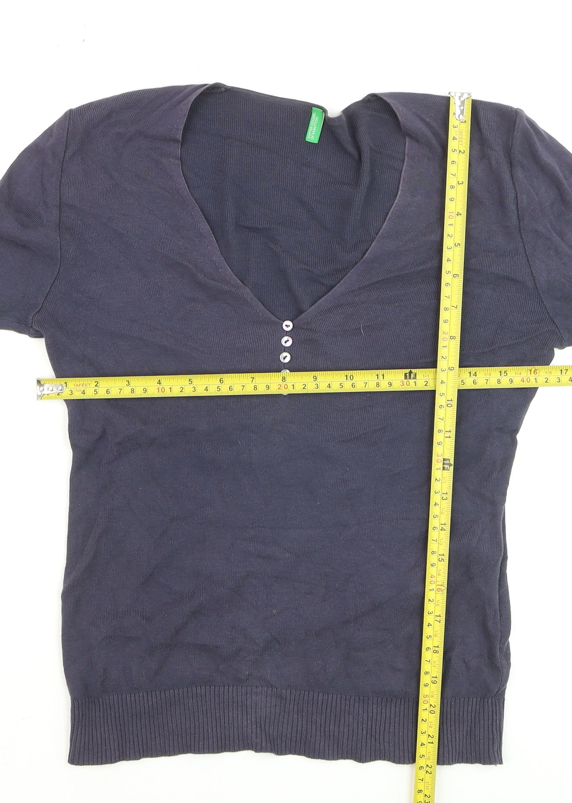 Benetton Women's Blue Cotton V-Neck Henley Jumper Size 12