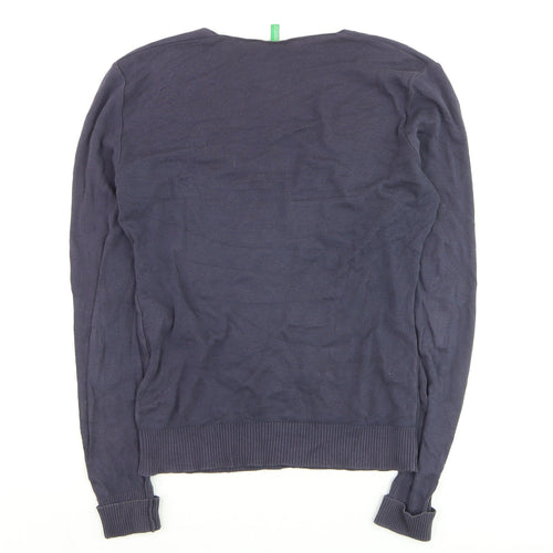 Benetton Women's Blue Cotton V-Neck Henley Jumper Size 12