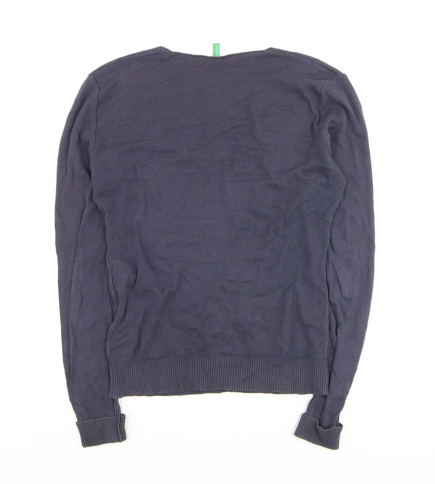 Benetton Women's Blue Cotton V-Neck Henley Jumper Size 12