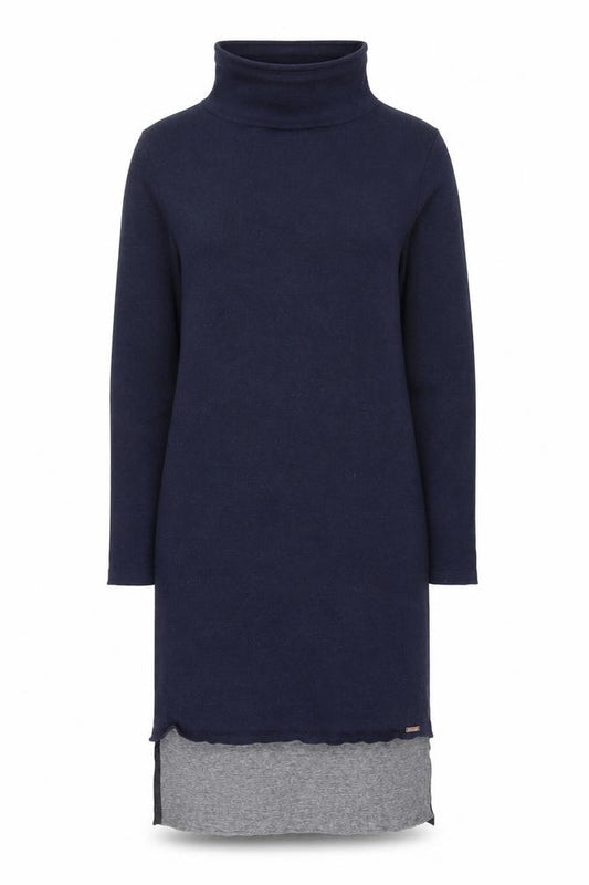 Front view of Sweaty Betty Women’s Blue Knit Jumper Dress M High Neck Long Sleeve