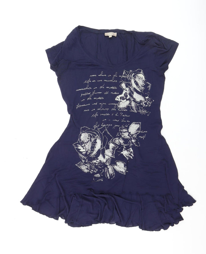 Soon Womens Blue Floral Tunic T-Shirt Size 10 Short Sleeve