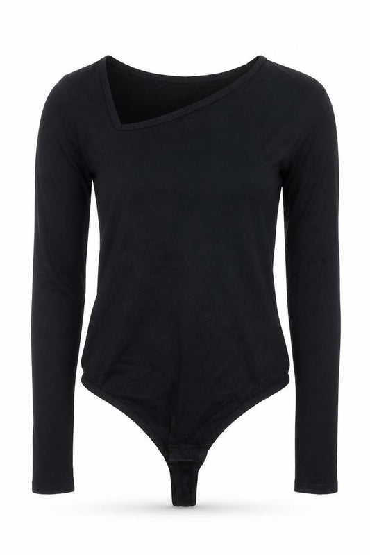 Front view of PRETTYLITTLETHING women’s black, size UK 10, v-neck long sleeve bodysuit