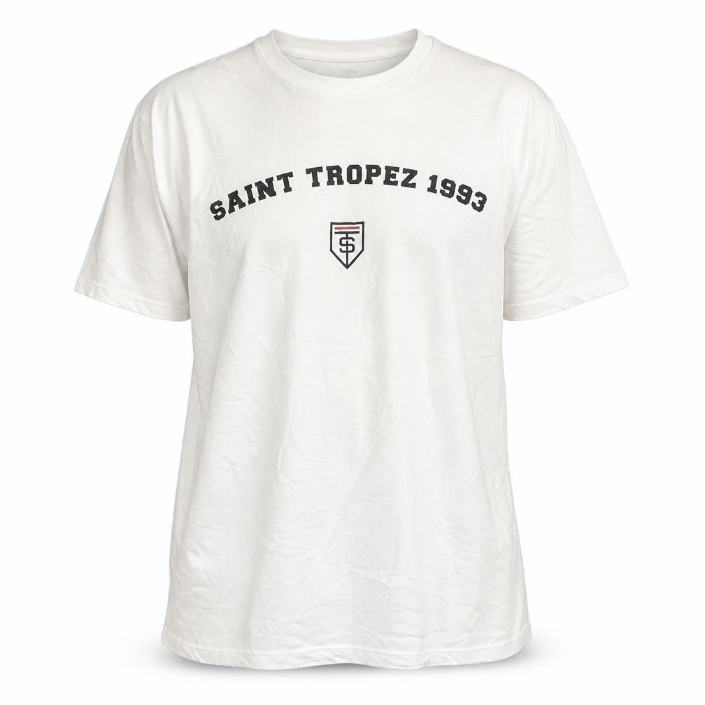 Front view of PRETTYLITTLETHING Men's White Saint Tropez 1993 Regular Fit T-Shirt M