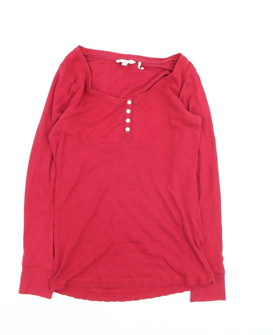 FatFace Women’s Red Long Sleeve Button Scoop Neck Cotton T-Shirt UK 10