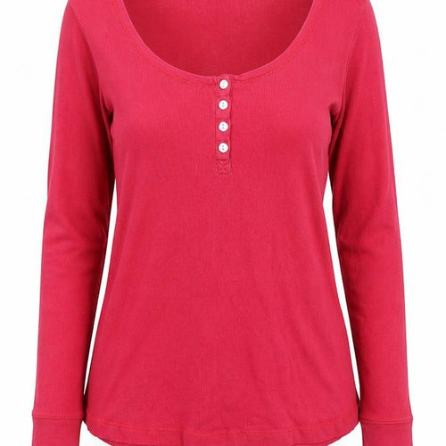 FatFace Women’s Red Long Sleeve Button Scoop Neck Cotton T-Shirt UK 10
