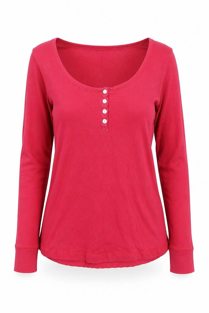 FatFace Women’s Red Long Sleeve Button Scoop Neck Cotton T-Shirt UK 10