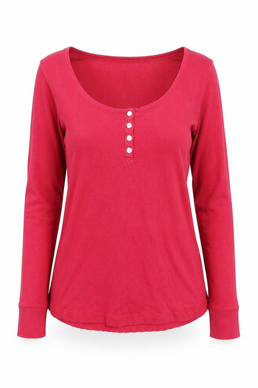 Front view of FatFace Women’s Red Long Sleeve Button Scoop Neck Cotton T-Shirt UK 10