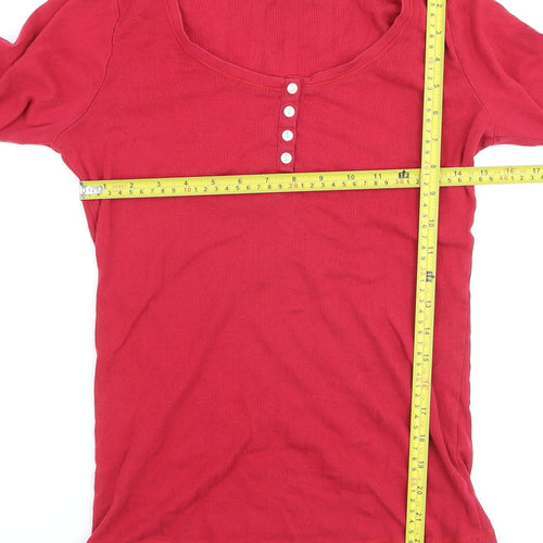 FatFace Women’s Red Long Sleeve Button Scoop Neck Cotton T-Shirt UK 10
