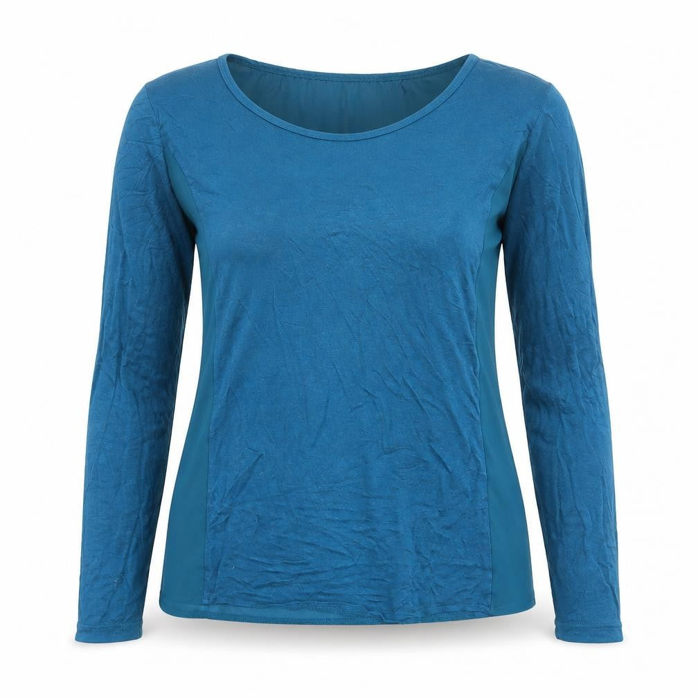 Front view of Chico's Women's Blue Long Sleeve Chiffon Panel Blouse, size S