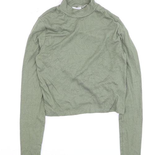 Bershka Women Green Cropped Mock Neck Long Sleeve Top L