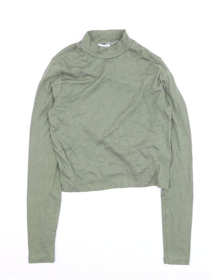 Bershka Women Green Cropped Mock Neck Long Sleeve Top L