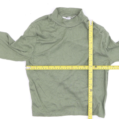 Bershka Women Green Cropped Mock Neck Long Sleeve Top L