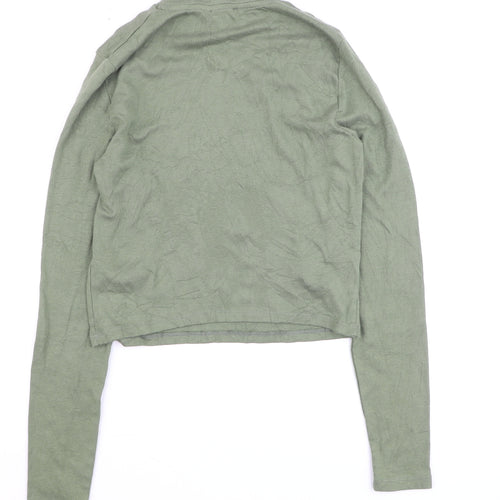 Bershka Women Green Cropped Mock Neck Long Sleeve Top L