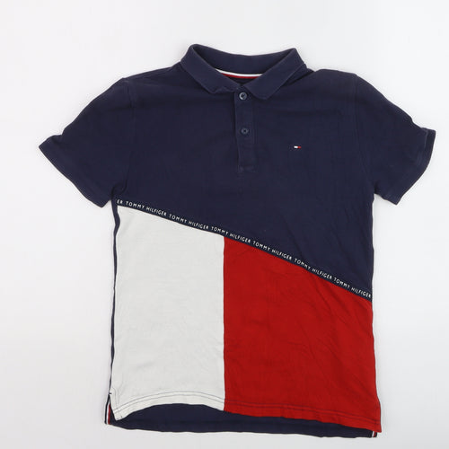 Tommy Hilfiger Boys Blue Red Colourblock Polo Shirt Size 152 Classic Cotton